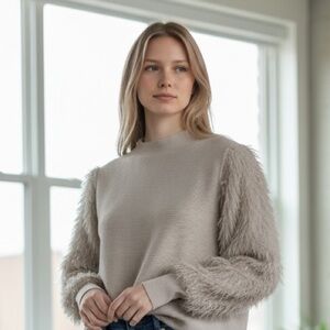 Chic Beige Sweater with Fluffy Sleeves
